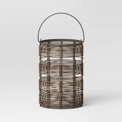 Hard-shell camping ice chest-11" Metal and Wicker Woven Small Round Battery LED Outdoor Lantern Assorted Grays - Threshold