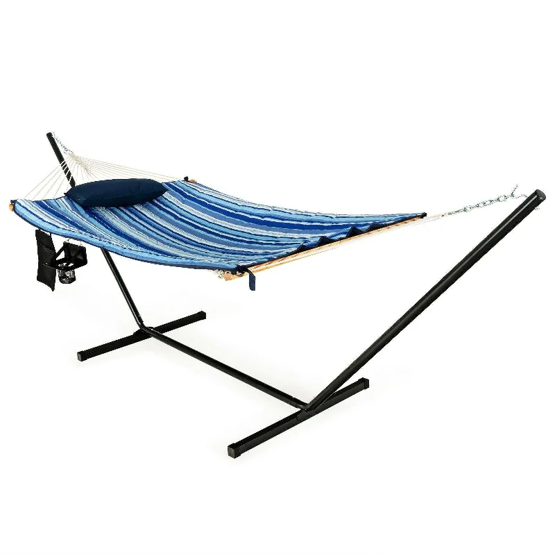 Absorbent camping travel towel-12Ft Hammock with Stand, 2 Person Heavy-Duty Steel Hammock Stand, 450 lbs Capacity (Blue and Beige Striped)