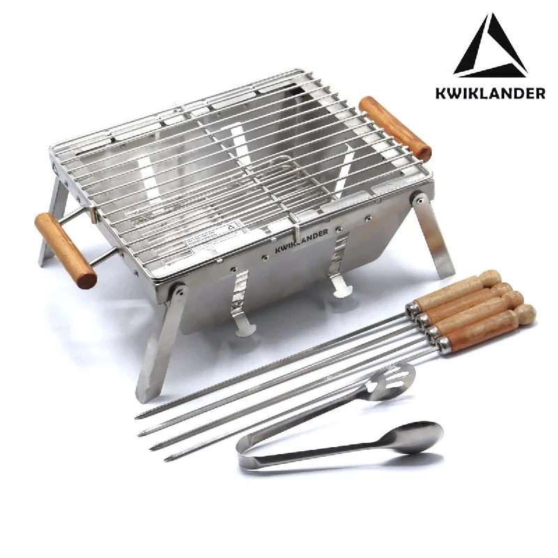 Lightweight camping prep table-Compact Portable Foldable Stainless Steel Tandoor Charcoal Barbeque BBQ Grill Set with 4 Skewers, Tongs, Bag, Charcoal Tray + Top Cooking Grate