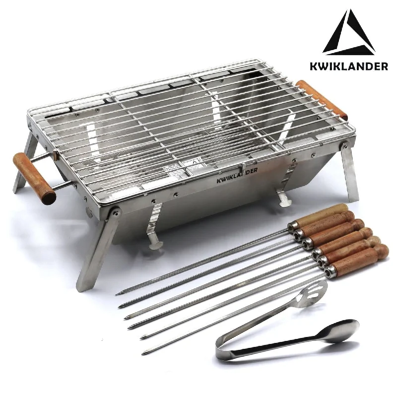 Handheld camping water filter-Compact Portable Foldable Stainless Steel Tandoor Charcoal Barbeque BBQ Grill Set with 6 Skewers, Tongs, Bag, Charcoal Tray + Top Cooking Grate