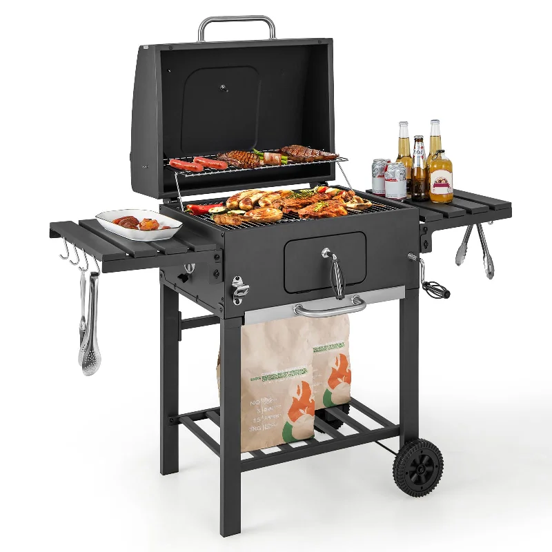 Portable camping side table-Giantex 24-Inch Charcoal Grill - 2 Foldable Side Tables, Bottom Storage Shelf, 8 Hooks, Adjustable Charcoal Tray