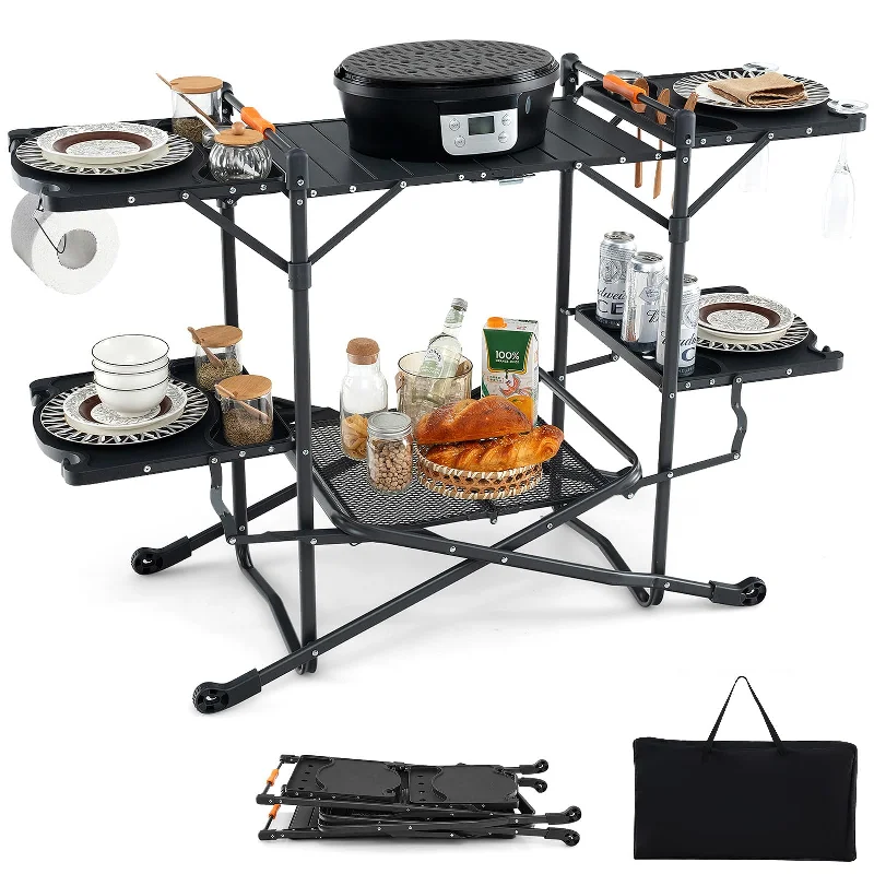 Windproof camping tent fly-Giantex Camping Cooking Table, Folding Grill Table with Aluminum Tabletop, 4 Side Tables, Storage Rack