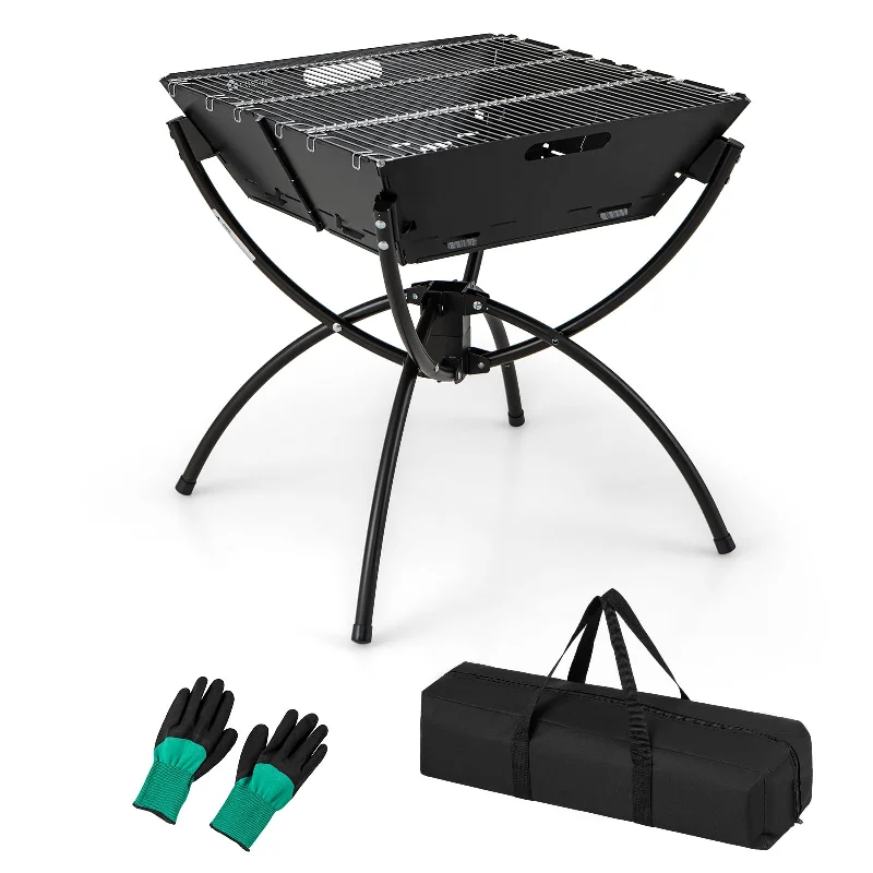 Titanium camping utensil combo-Giantex Folding Campfire Grill, Camping Fire Pit with Stainless Steel Grates, Collapsible Aluminum Legs, Carry Bag