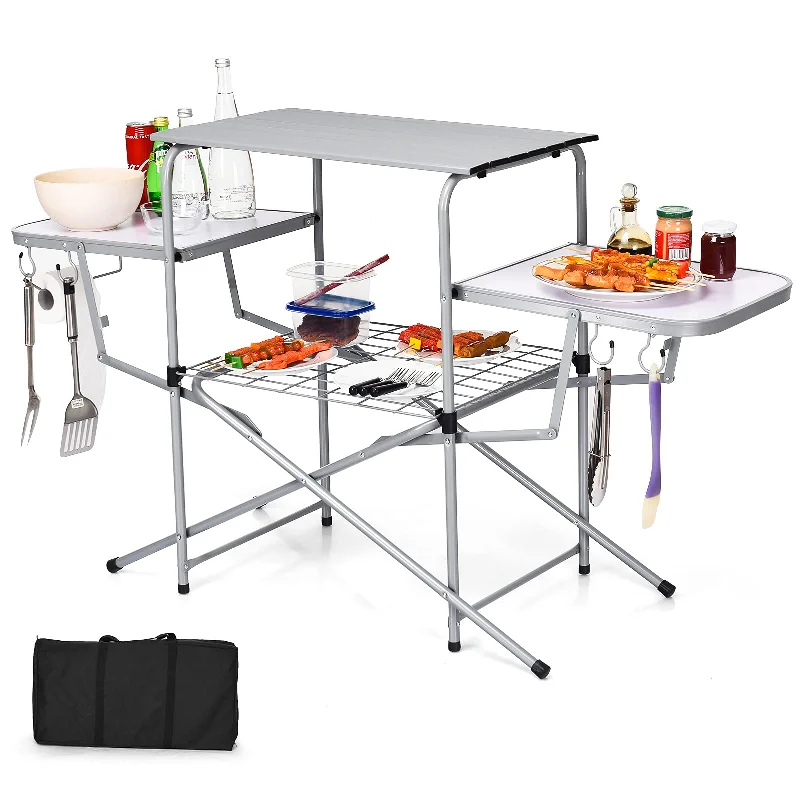 Portable camping dining station-Giantex Folding Grill Table with 26'' Main Tabletop, Portable Aluminum Camping Table