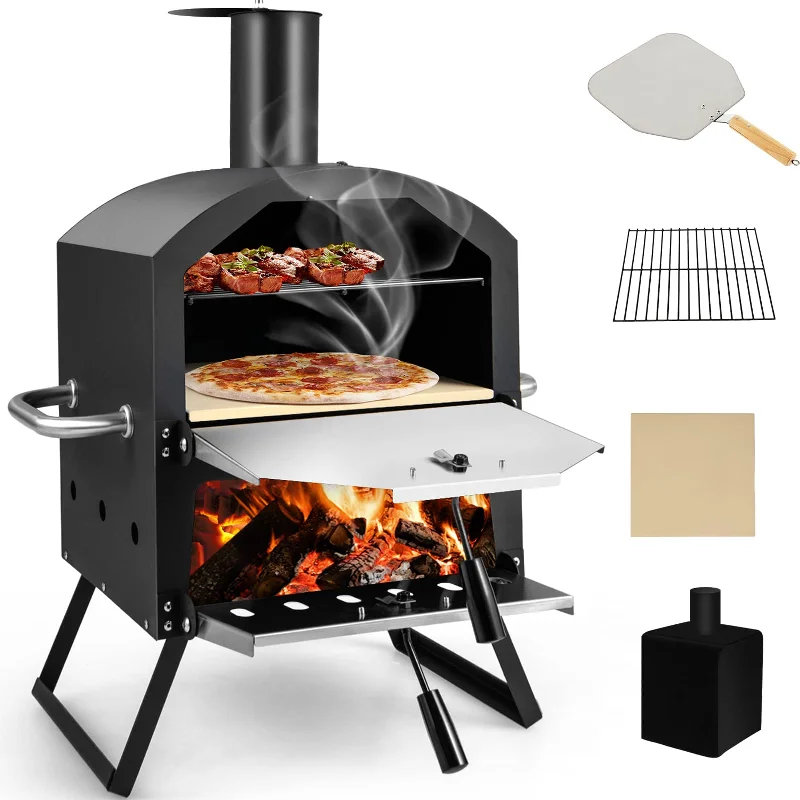 UV-resistant camping rainfly-Giantex Outdoor Pizza Oven Wood Fired, 2-Layer Pizza Maker with Pizza Stone, Pizza Peel (Black)