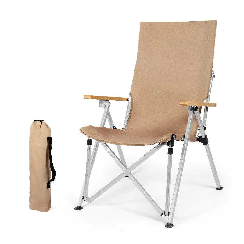 Breathable camping tent tarp-Portable Folding Camping Chair with 3 Positions Adjustable Wooden Armrest Aluminum Frame, Beige