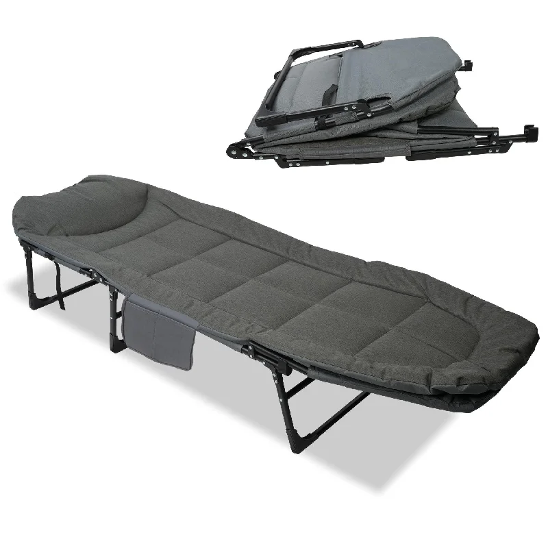 Compact camping air pillow-Portable Folding Camping Cots Sleeping Cots with Mattress and Adjustable Backrest, Gray